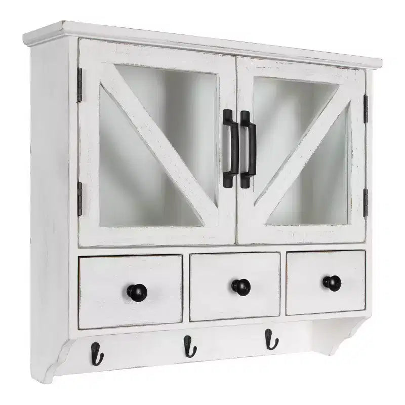 Armoire Murale Décorative Rustique en Bois avec Portes en Verre Magnétiques Blanches