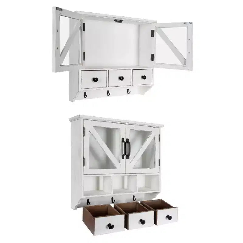 Armoire Murale Décorative Rustique en Bois avec Portes en Verre Magnétiques Blanches