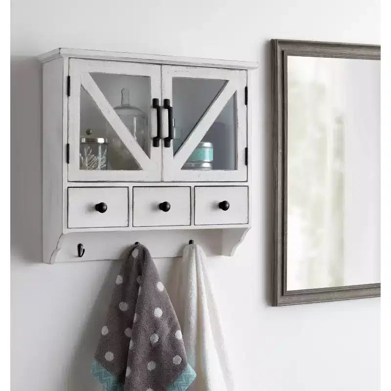 Armoire Murale Décorative Rustique en Bois avec Portes en Verre Magnétiques Blanches