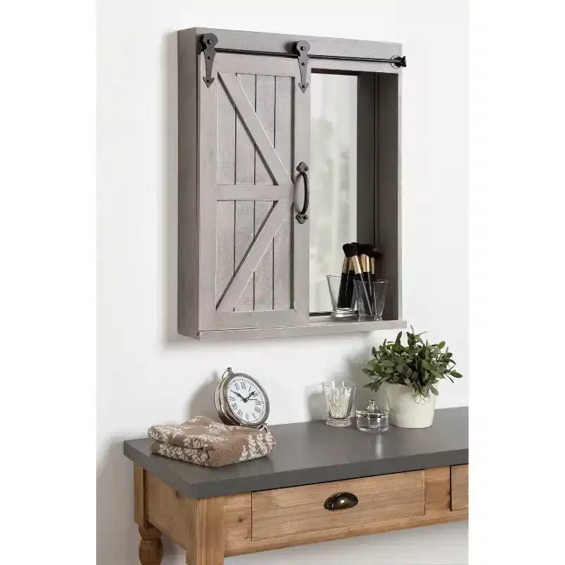 Meuble Mural de Rangement en Bois avec Miroir de Coiffeuse Gris Rustique Étagère Flottante à 3 Niveaux