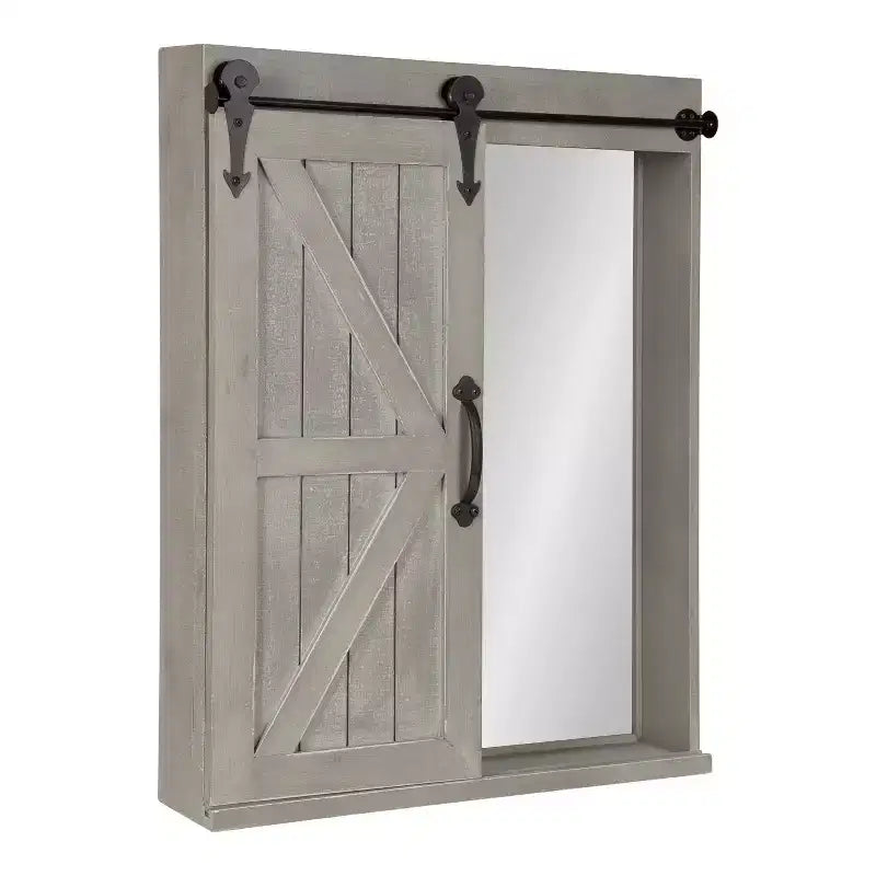 Meuble Mural de Rangement en Bois avec Miroir de Coiffeuse Gris Rustique Étagère Flottante à 3 Niveaux