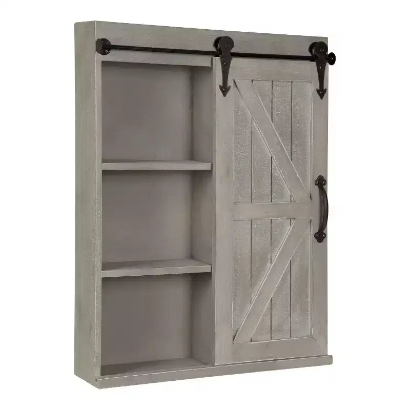 Meuble Mural de Rangement en Bois avec Miroir de Coiffeuse Gris Rustique Étagère Flottante à 3 Niveaux