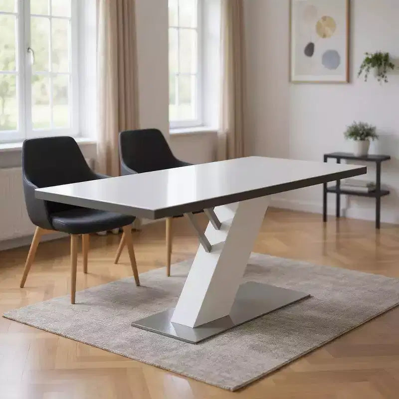 Table de salle à manger avec base en piédestal en bois et métal blanc et argenté