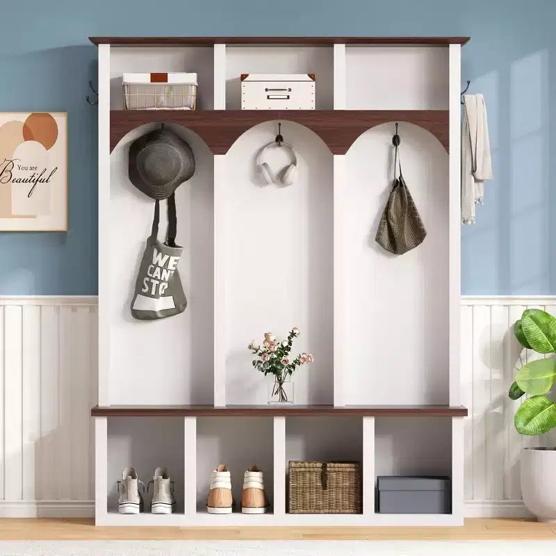 Okak Farmhouse Hall Tree with Arched Design Freestanding Coat Rack with Storage Bench and 5 Hooks Coat Tree for Living Room Bedroom White