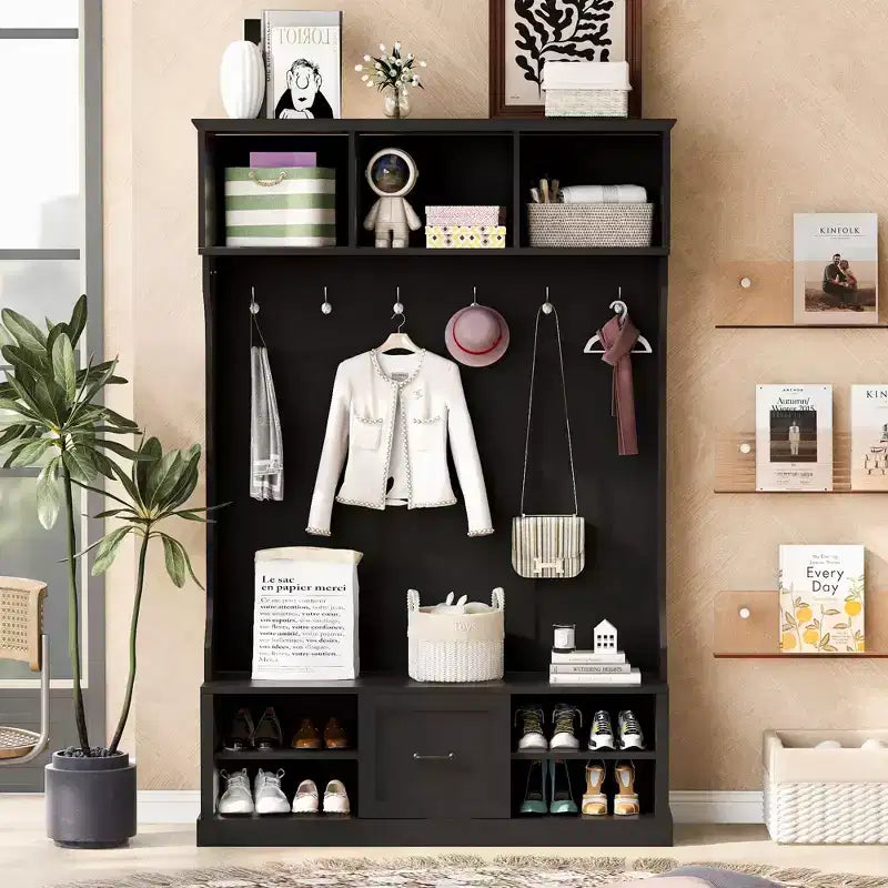 Okak Modern Hall Tree with 6 Hooks Coat Rack with Bench and Spacious Drawer Entryway Storage for Entrance Living Room Black