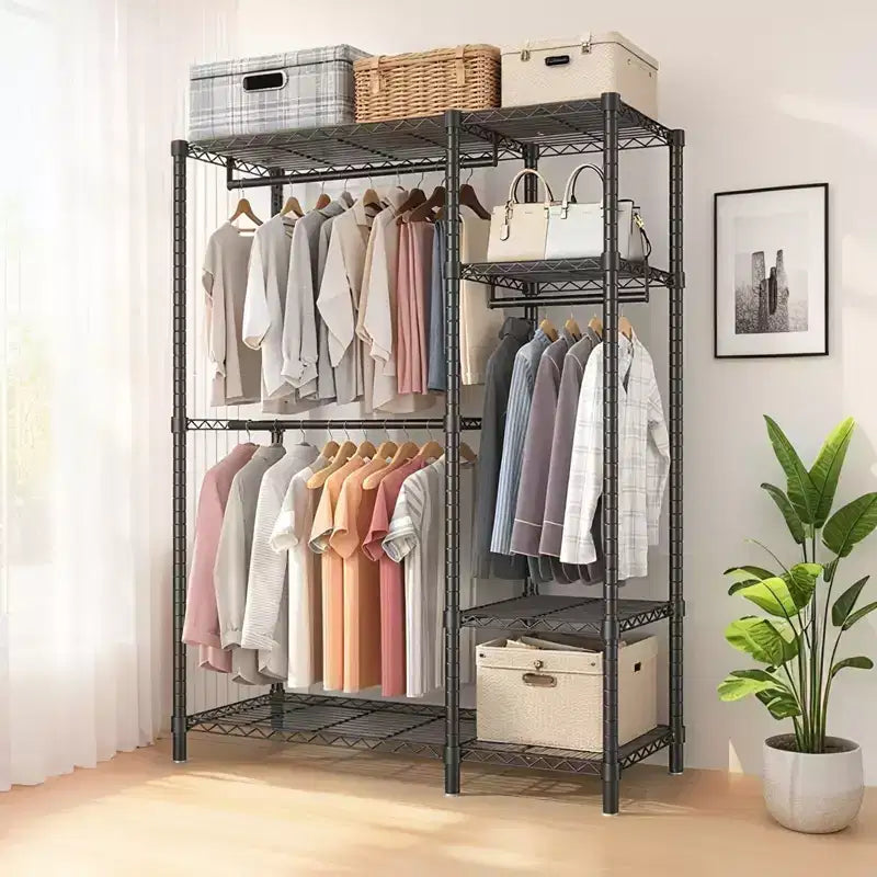 Okak Heavy Duty Storage Rack with 6 Adjustable Wire Shelving Freestanding Coat Rack with 3 Clothes Rails Hall Tree for Living Room Bedroom Black