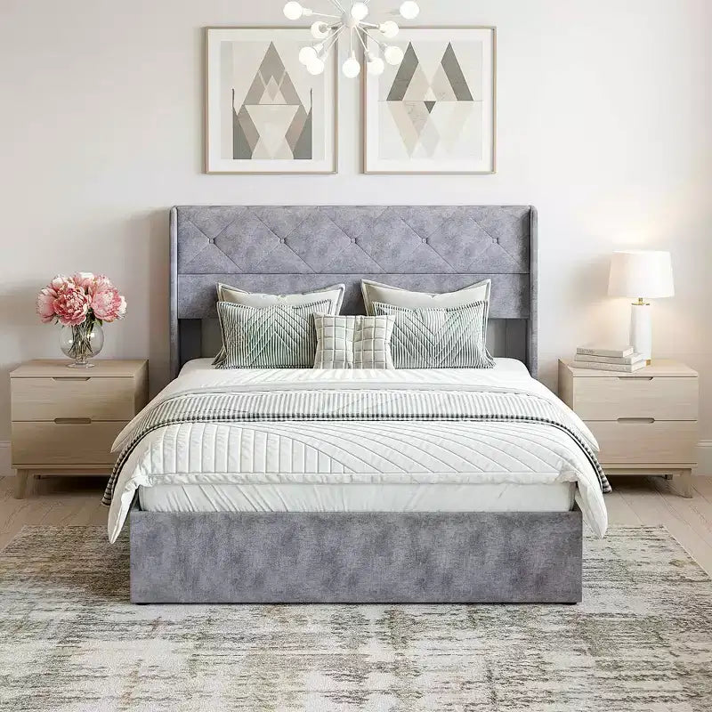 MAYEERTY Noise-Free Lift-Up Storage Bed with Heavy-Duty Structure Easy Assembly & Elegant Winged Headboard