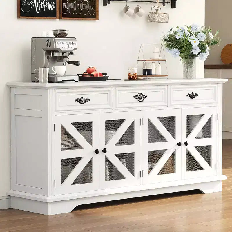 Modern Farmhouse Buffet Cabinet with 3 Drawers 63 Kitchen Storage Sideboard with Rustic Barn Doors & Adjustable Shelves - White