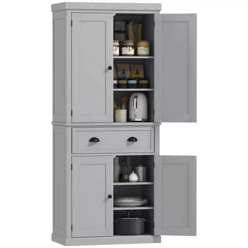 HOMCOM 72.5 Traditional Freestanding Kitchen Pantry Cupboard with 2 Cabinet Drawer and Adjustable Shelves Gray