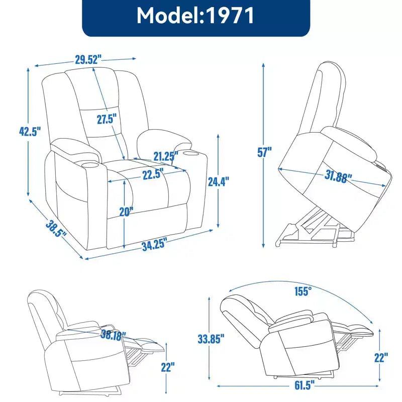 Fauteuil inclinable électrique grand format en chenille grise avec massage