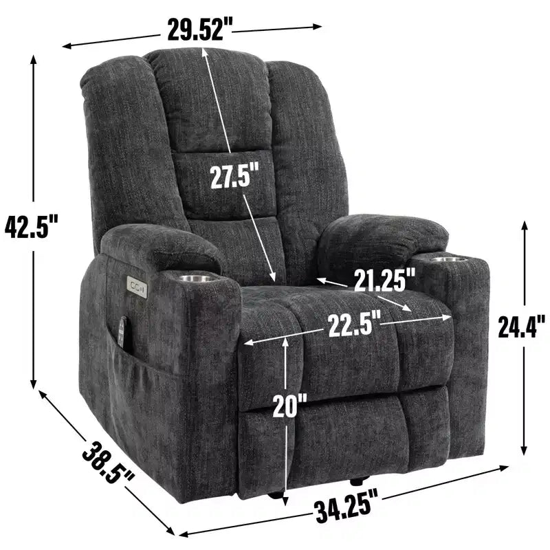 Fauteuil inclinable électrique grand format en chenille grise avec massage