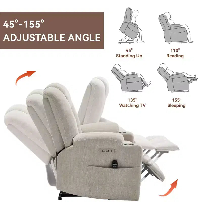 Fauteuil inclinable électrique grand format en chenille grise avec massage
