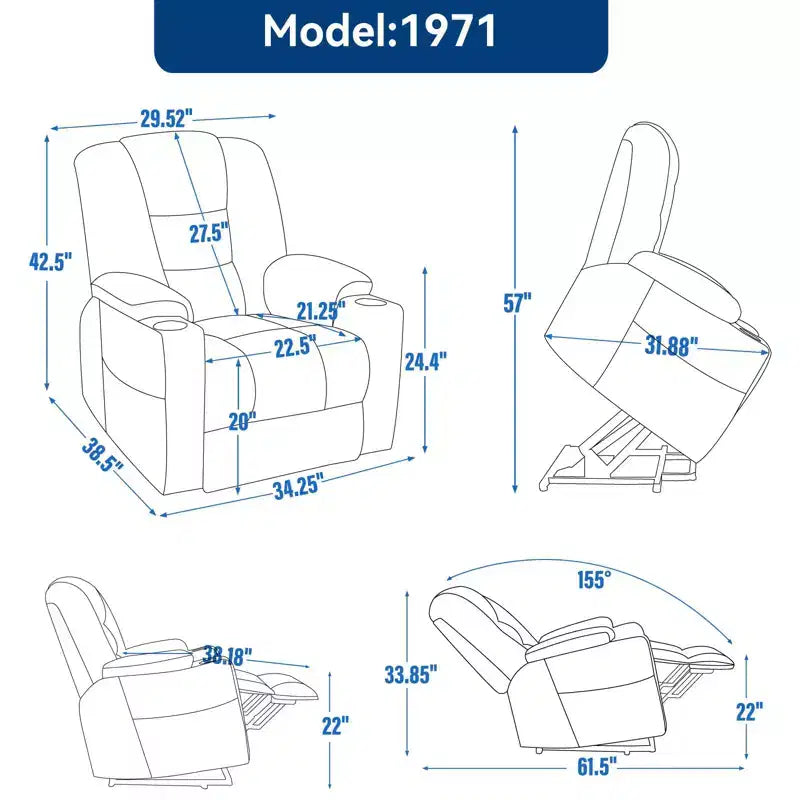 Fauteuil inclinable électrique grand format en chenille grise avec massage