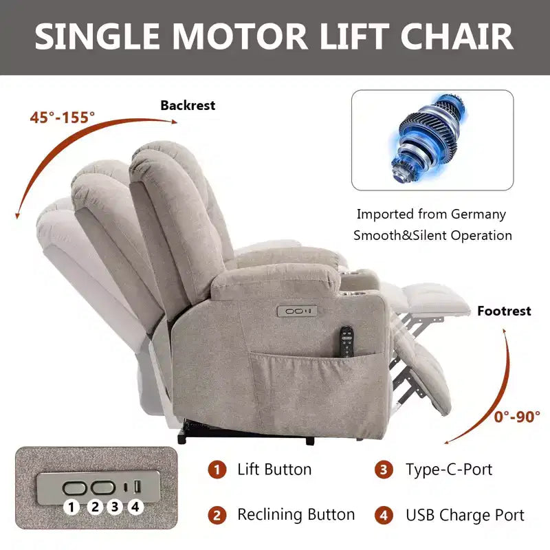 Fauteuil inclinable électrique grand format en chenille grise avec massage