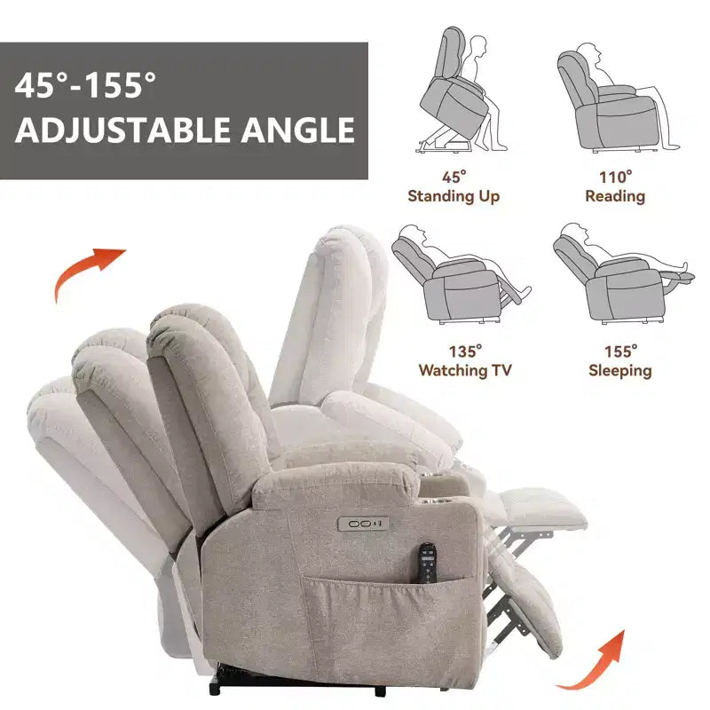 Fauteuil inclinable électrique grand format en chenille grise avec massage