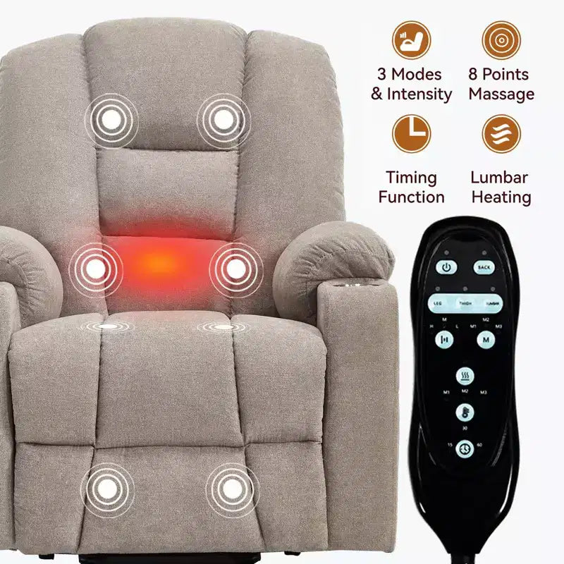 Fauteuil inclinable électrique grand format en chenille grise avec massage