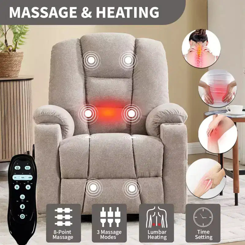 Fauteuil inclinable électrique grand format en chenille grise avec massage
