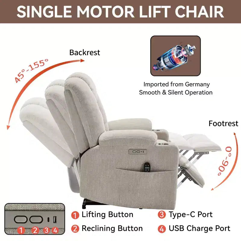 Fauteuil inclinable électrique grand format en chenille grise avec massage