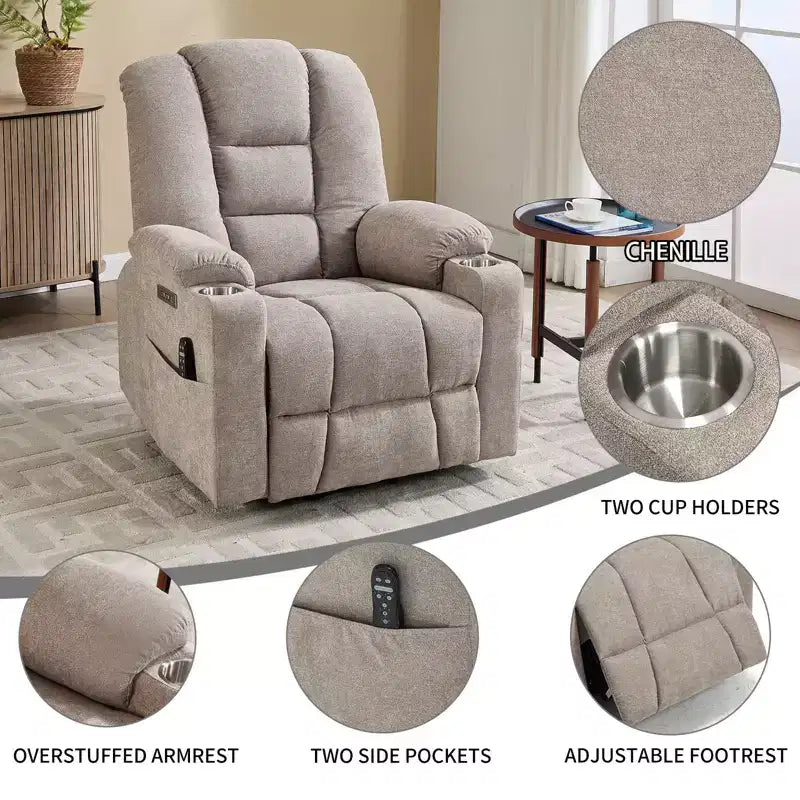 Fauteuil inclinable électrique grand format en chenille grise avec massage