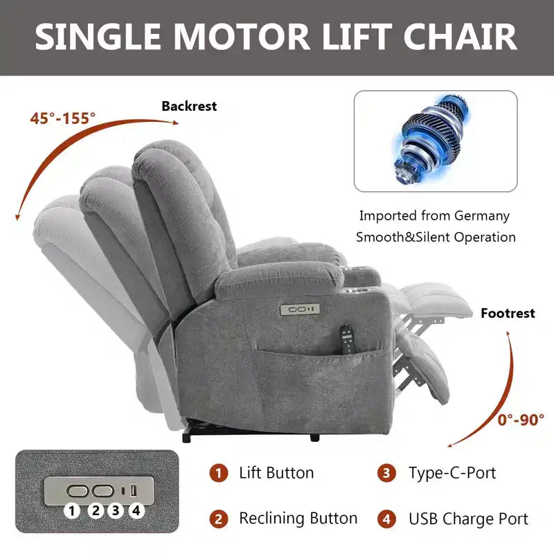 Fauteuil inclinable électrique grand format en chenille grise avec massage