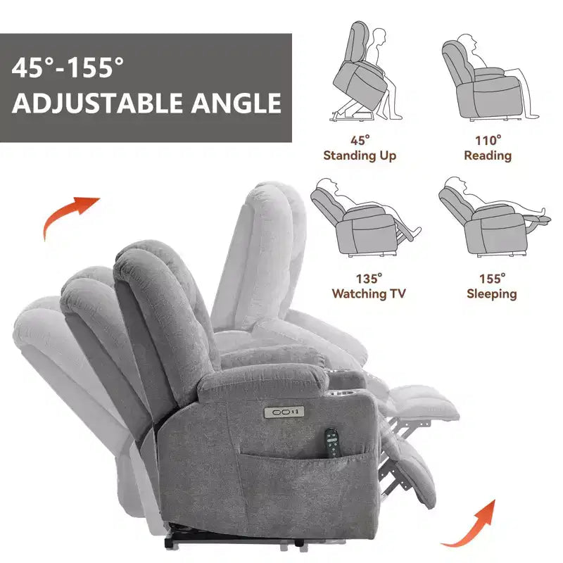 Fauteuil inclinable électrique grand format en chenille grise avec massage