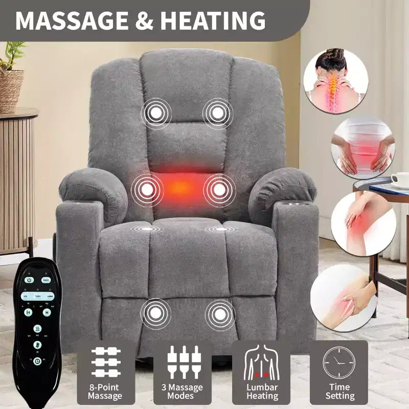 Fauteuil inclinable électrique grand format en chenille grise avec massage