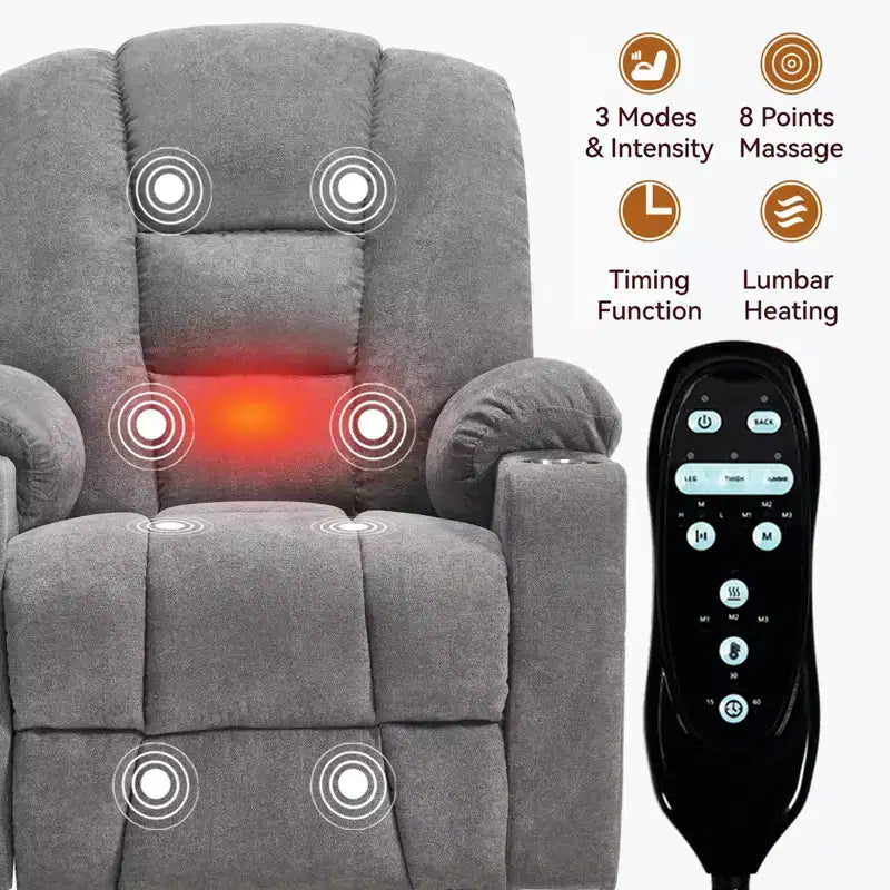 Fauteuil inclinable électrique grand format en chenille grise avec massage