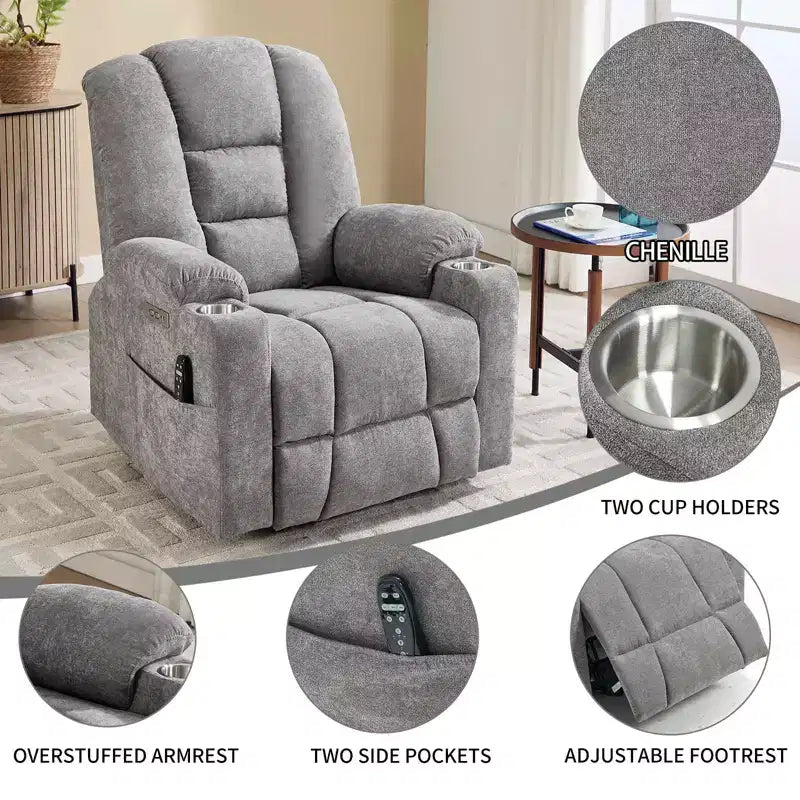 Fauteuil inclinable électrique grand format en chenille grise avec massage