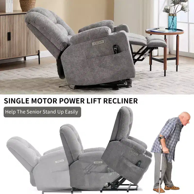 Fauteuil inclinable électrique grand format en chenille grise avec massage