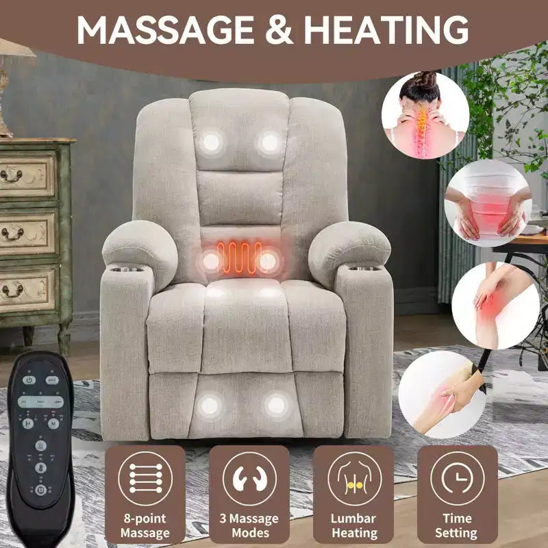 Fauteuil inclinable électrique grand format en chenille grise avec massage