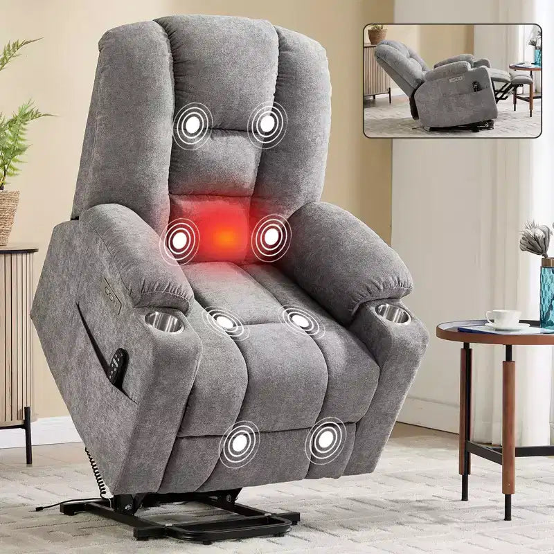 Fauteuil inclinable électrique grand format en chenille grise avec massage