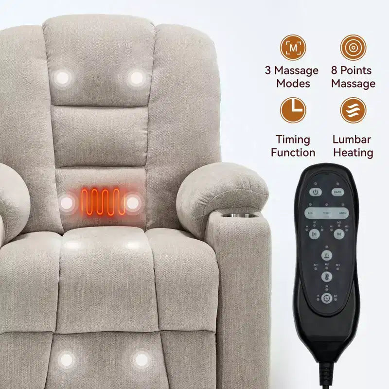 Fauteuil inclinable électrique grand format en chenille grise avec massage