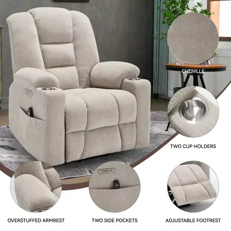 Fauteuil inclinable électrique grand format en chenille grise avec massage