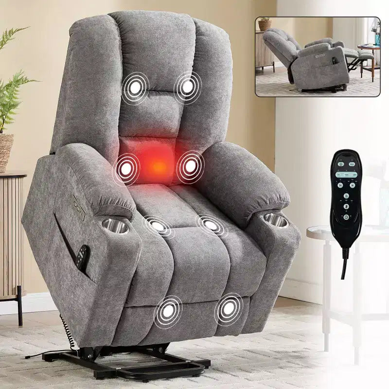 Fauteuil inclinable électrique grand format en chenille grise avec massage