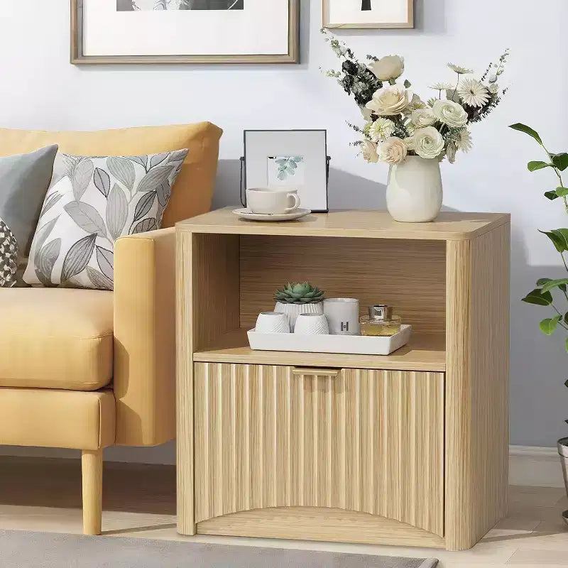 23 Inch Oak Nightstand Waterproof Surface Bedside Table with Drawer & Storage Mid Century Modern Fluted End Table