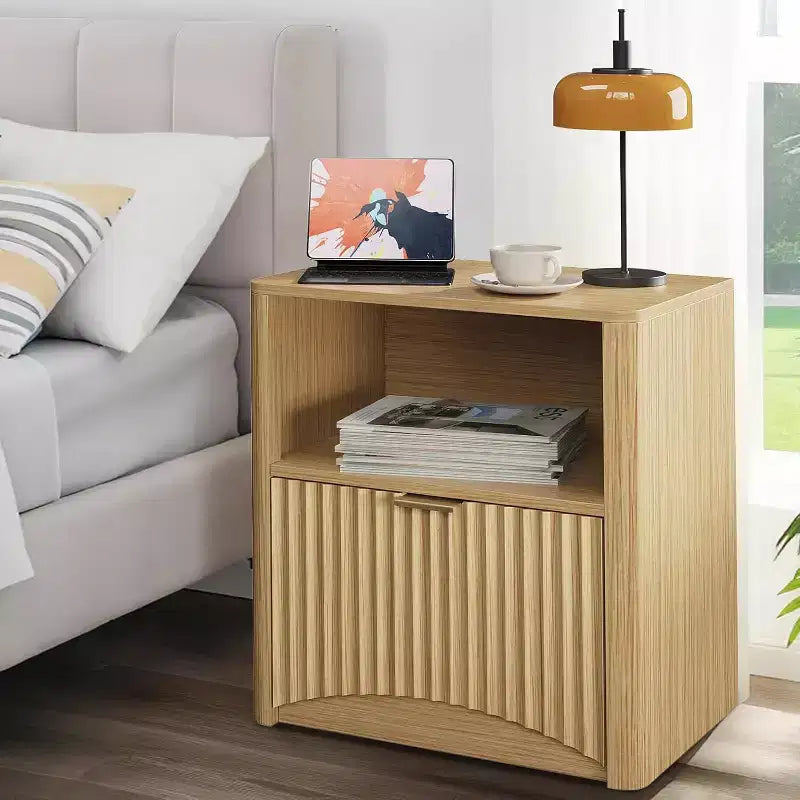 Table de Chevet en Chêne avec Surface Imperméable, Tiroir et Rangement