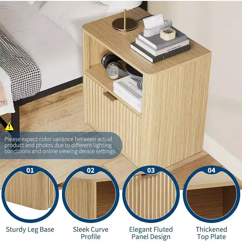 Table de Chevet en Chêne avec Surface Imperméable, Tiroir et Rangement