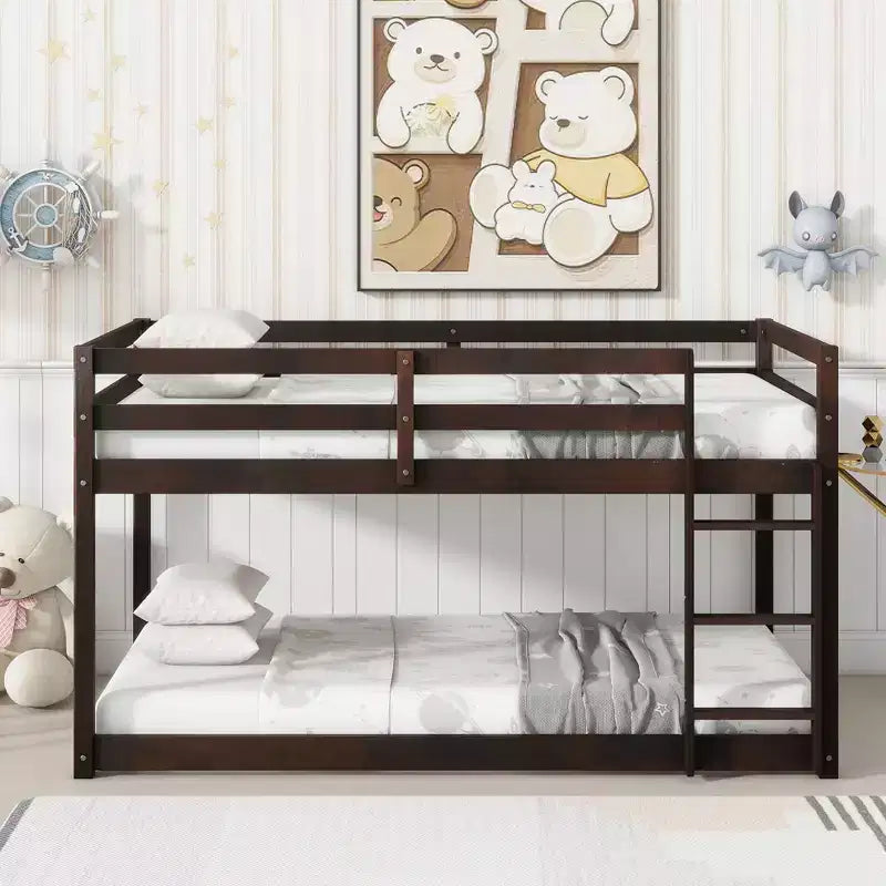 Bellemave Twin over Twin Low-Height Floor Bunk Bed for Kids Solid Wood Frame with Wide Ladder Sturdy Slats Space-Saving Design Multiple Colors