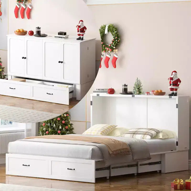 Mjkone Queen Murphy Bed with Storage&Charging Station Farmhouse Cabinet Bed Noise-Free for Guest Room Optional Mattress
