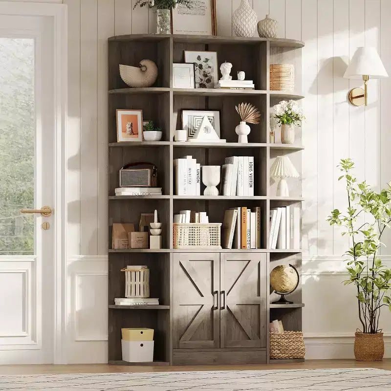 Modern 75 Tall 6-Tier Kids' Bookshelf with Cabinet & Doors - Wooden Storage Organizer & Display for Bedroom Living Room & Home Office.