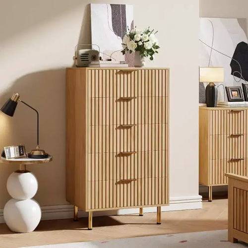 48 Tall 5-Drawer Fluted Dresser in Natural - Modern Deep-Drawer Wooden Chest with Wide Top for Bedroom Living Room Hallway & Kids' Room.
