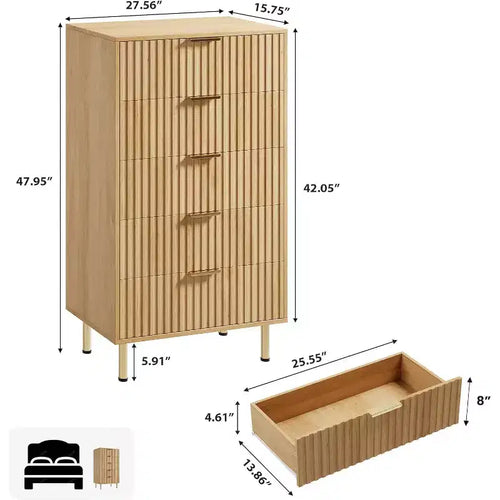 Commode en bois à 5 tiroirs cannelés et profonds de style moderne
