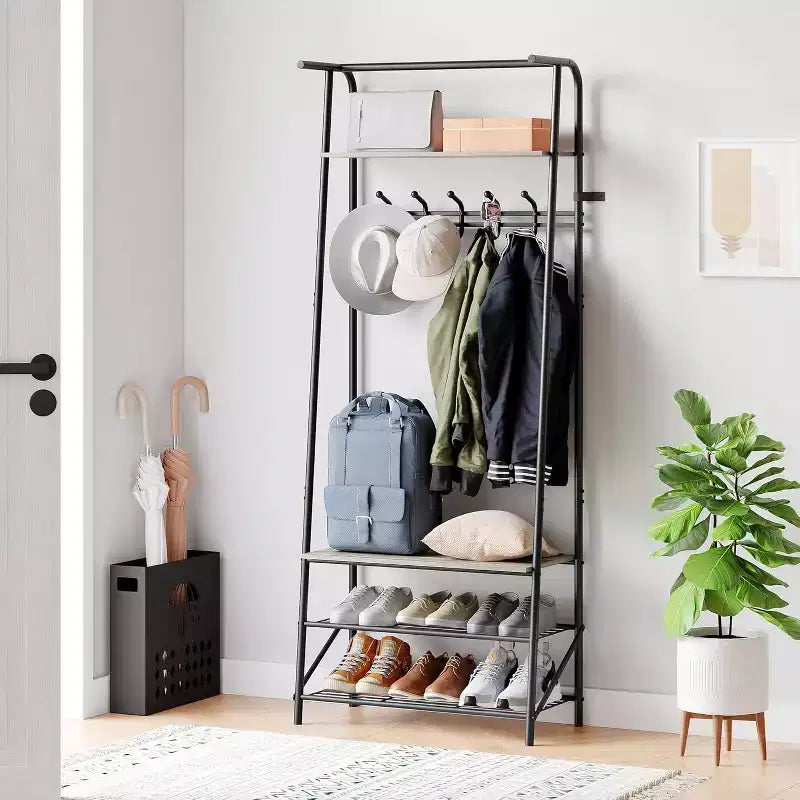 Meuble d'entrée 4-en-1 avec porte-chaussures et crochets, cadre en acier