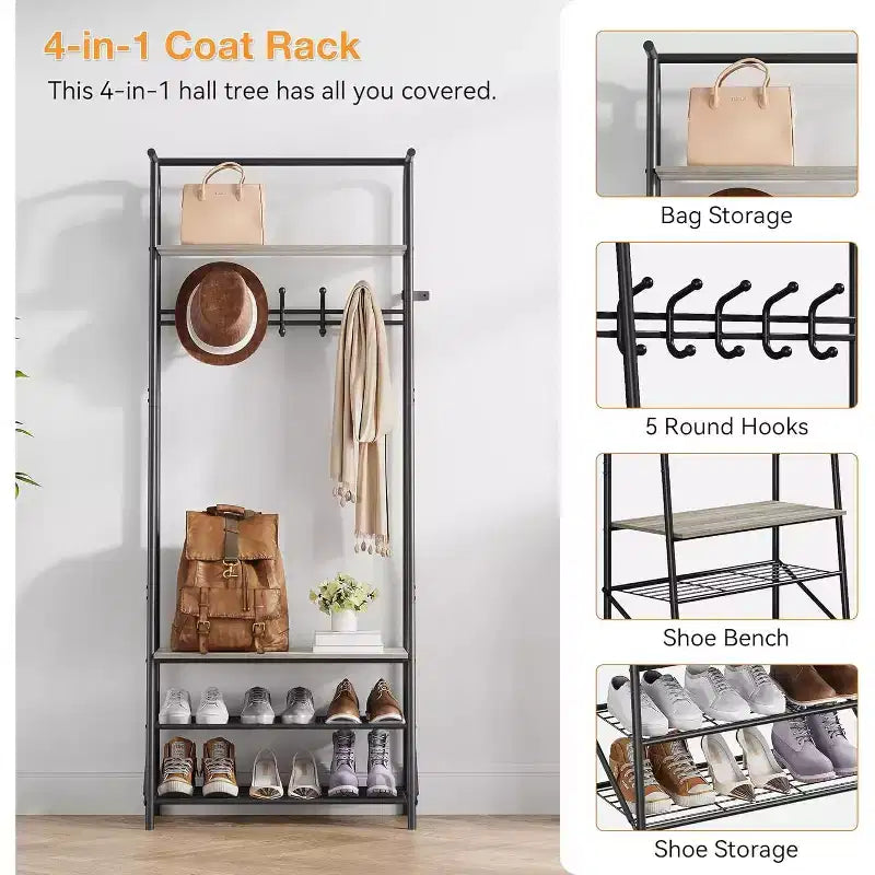 Meuble d'entrée 4-en-1 avec porte-chaussures et crochets, cadre en acier