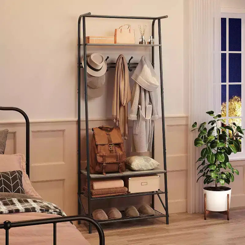 Meuble d'entrée 4-en-1 avec porte-chaussures et crochets, cadre en acier