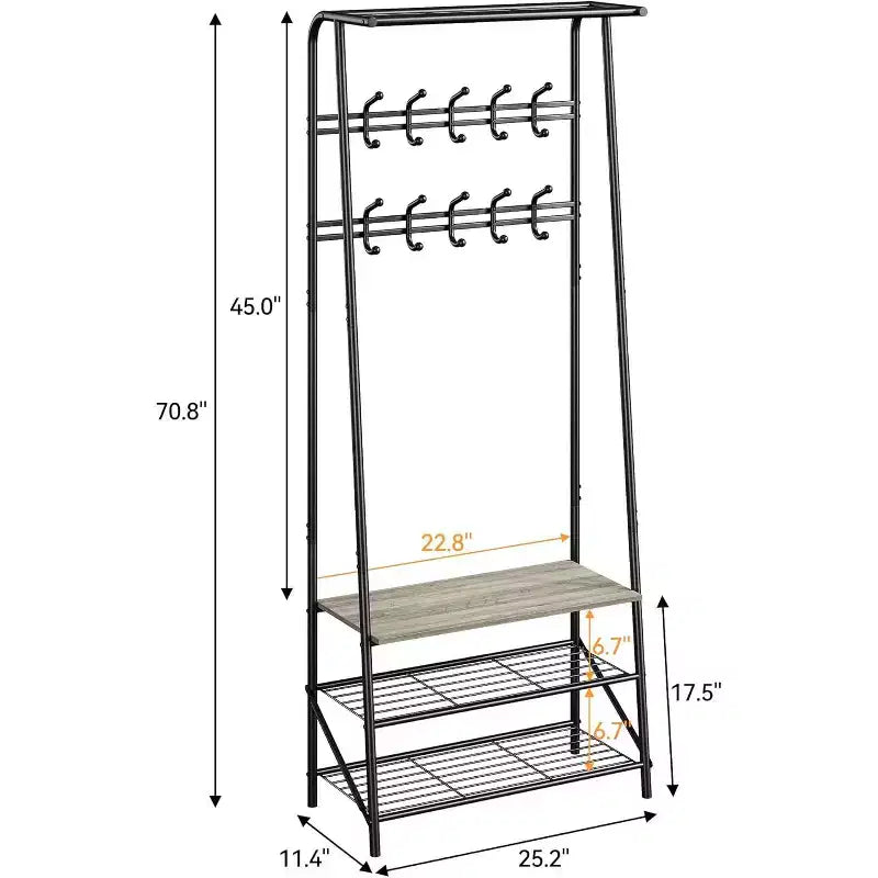Meuble d'entrée 4-en-1 avec porte-chaussures et crochets, cadre en acier
