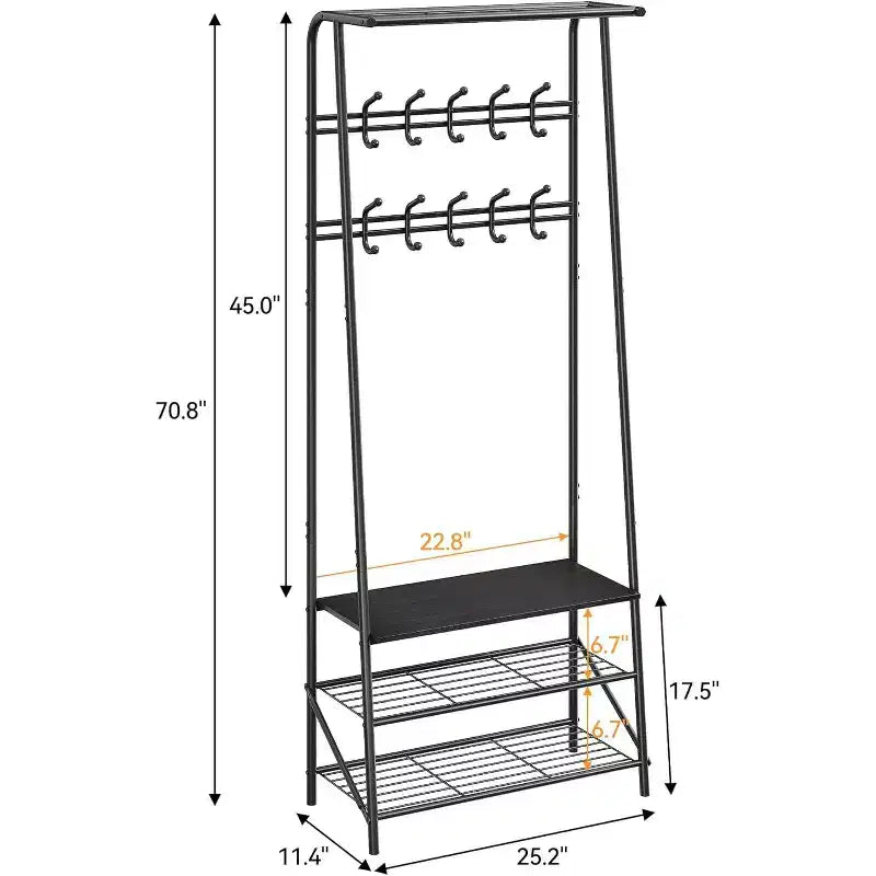 Meuble d'entrée 4-en-1 avec porte-chaussures et crochets, cadre en acier