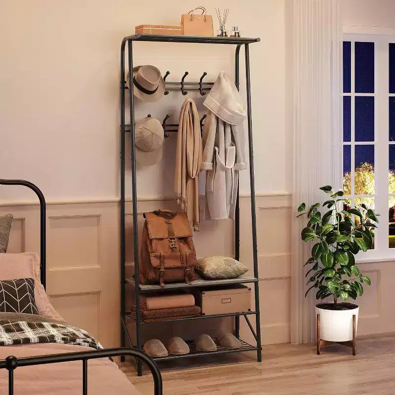 Meuble d'entrée 4-en-1 avec porte-chaussures et crochets, cadre en acier