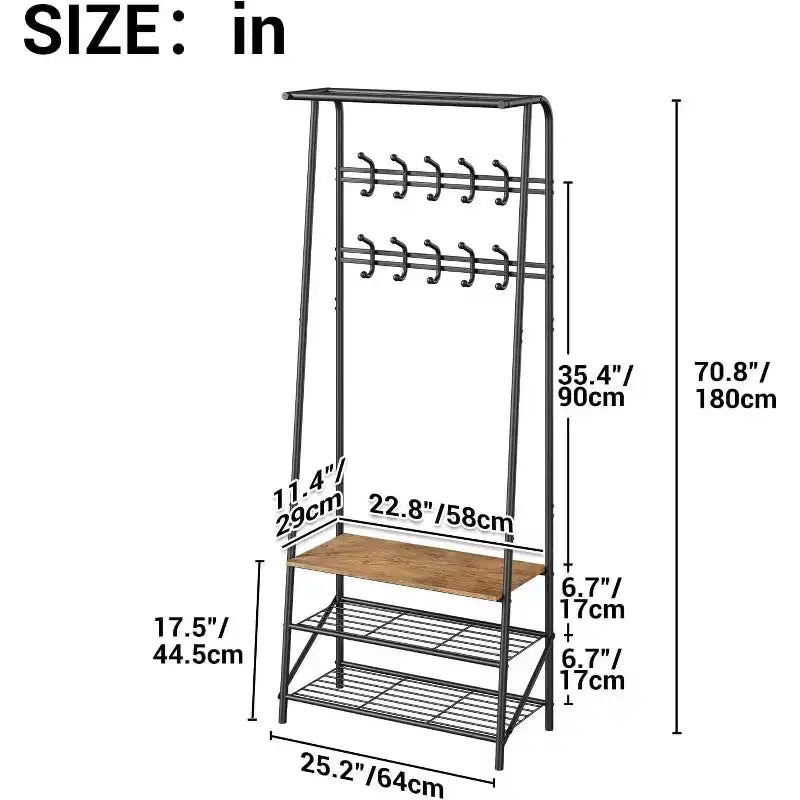 Meuble d'entrée 4-en-1 avec porte-chaussures et crochets, cadre en acier