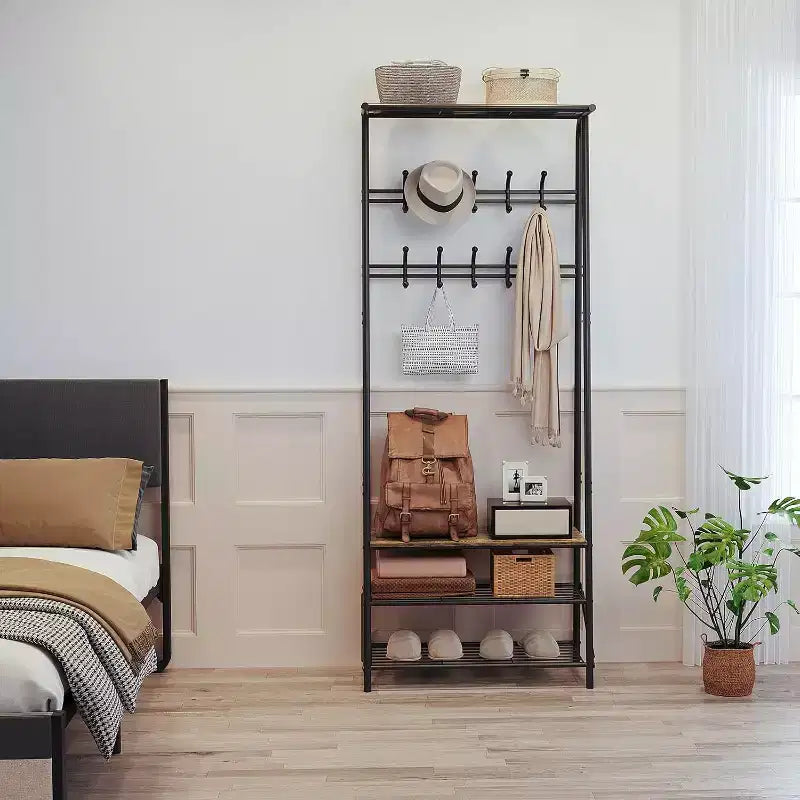 Meuble d'entrée 4-en-1 avec porte-chaussures et crochets, cadre en acier